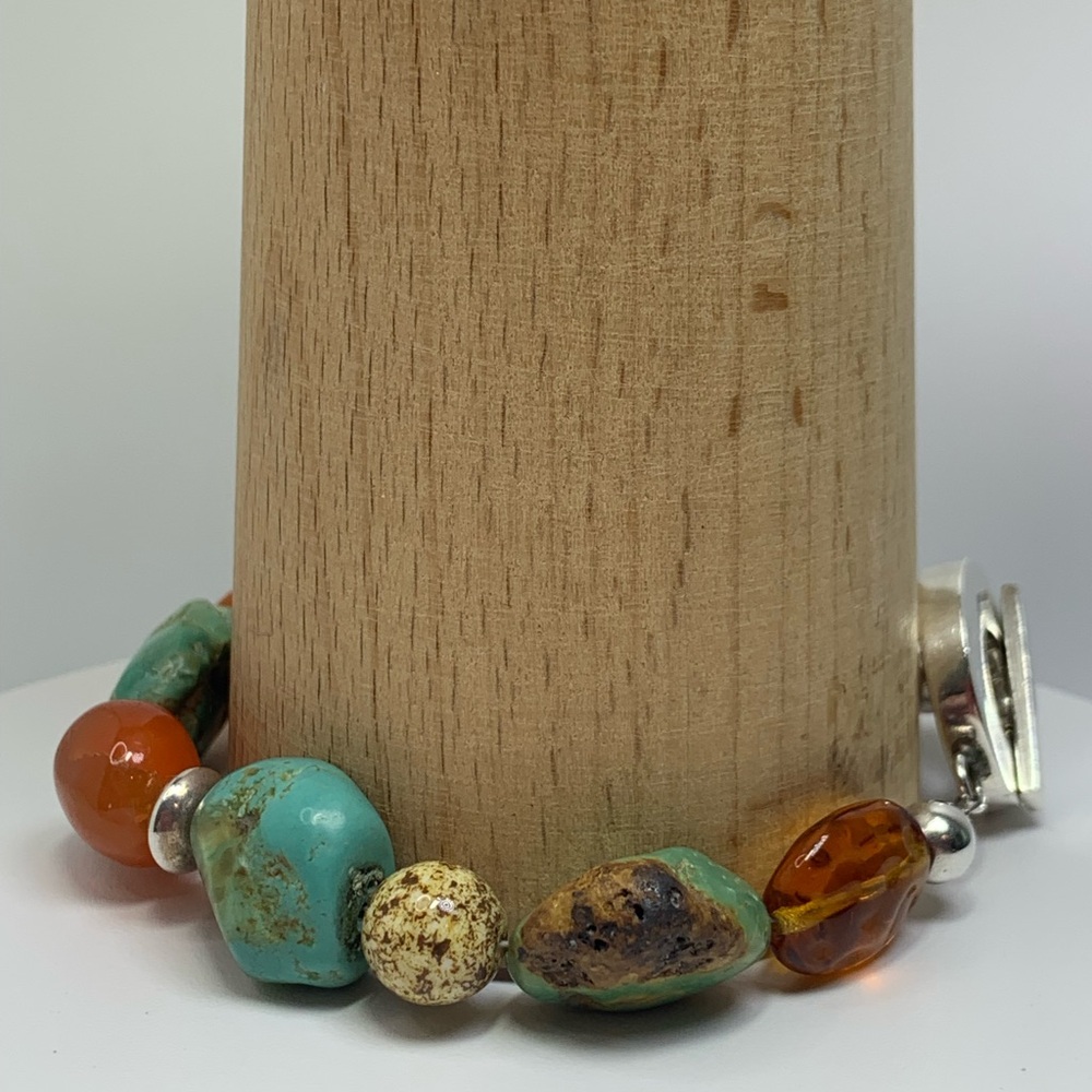 Vintage RAGE Sterling Silver, Turquoise & Carnelian Toggle Clasp Beaded Bracelet - Picture 7 of 15